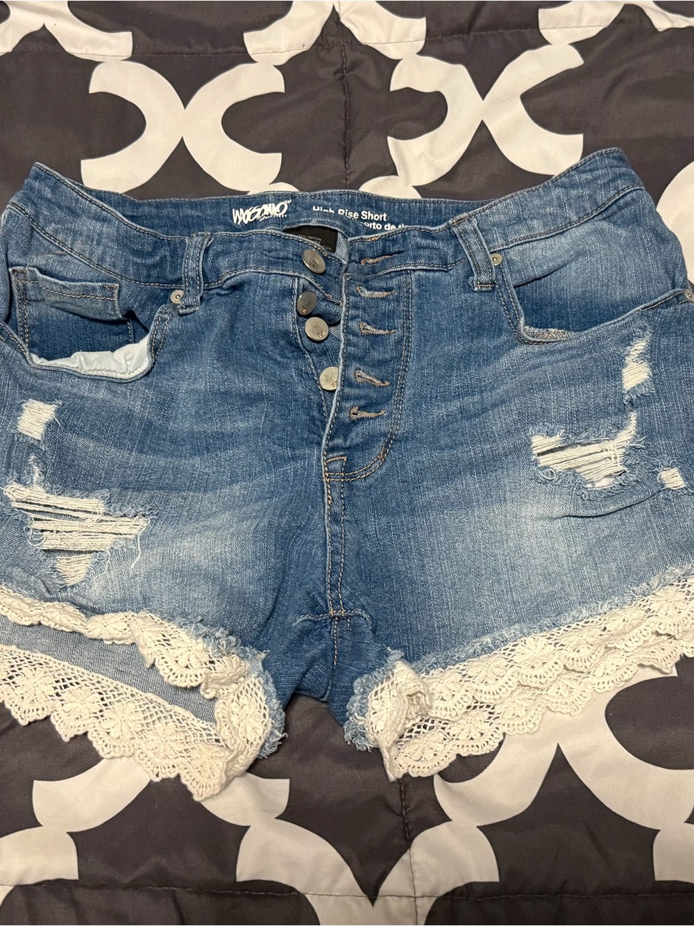 Wickedly Cute Lace-Trim Denim Shorts - Blue